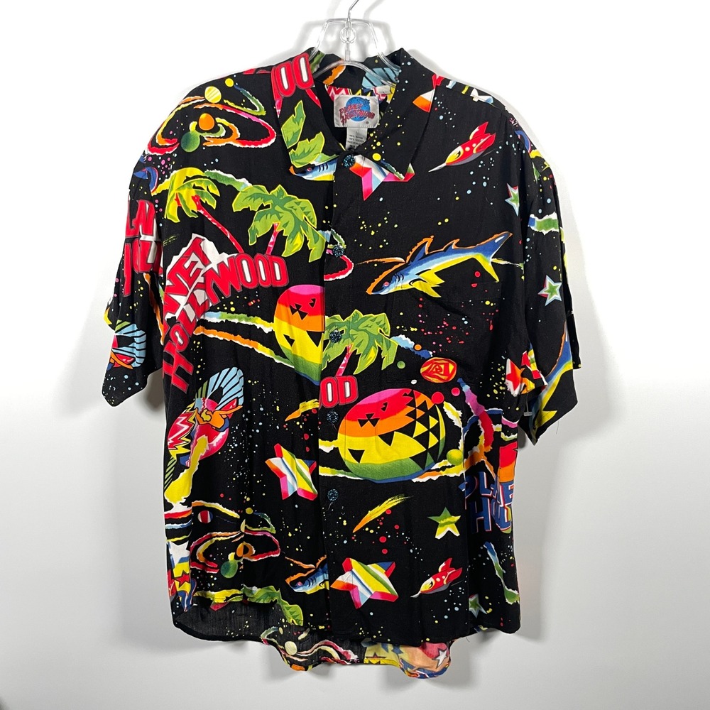 Vintage 1990 Planet Hollywood Jams World Style Rayon Shirt Mens L Black Space
